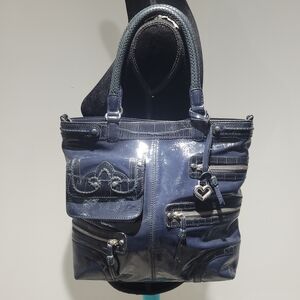 Brighton Women's Kaelan Navy Blue Patent Leather Medium Tote Shoulder Bag Silver
